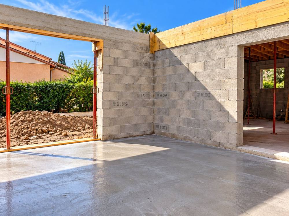 Extension en cours : murs en parpaings et ouverture sur l'existant