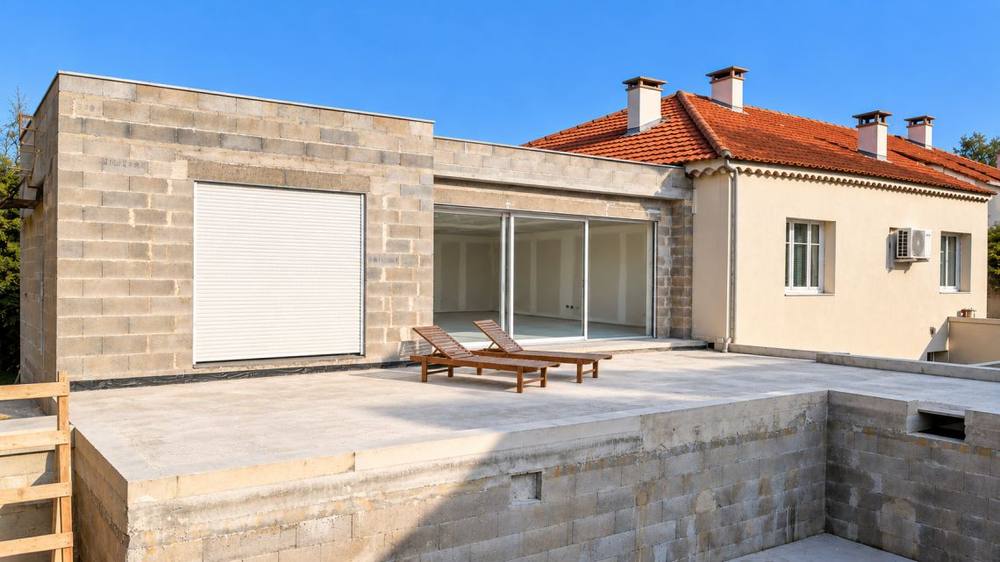 Extension en parpaings avec terrasse et piscine