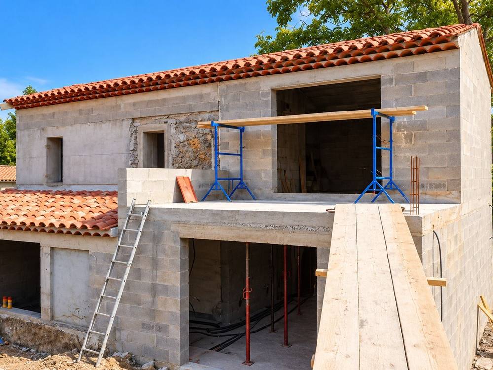 Extension en cours de construction avec échafaudage