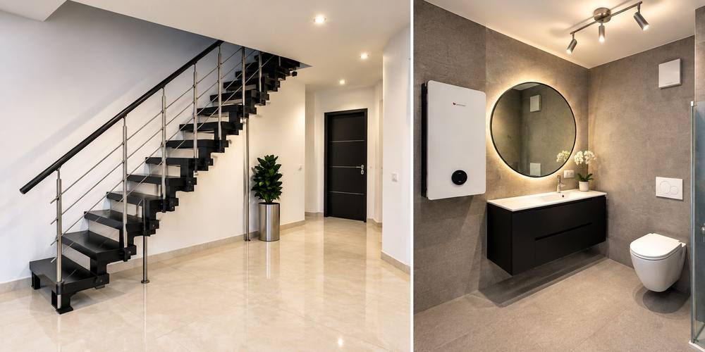Escalier contemporain et salle de bains rénovée